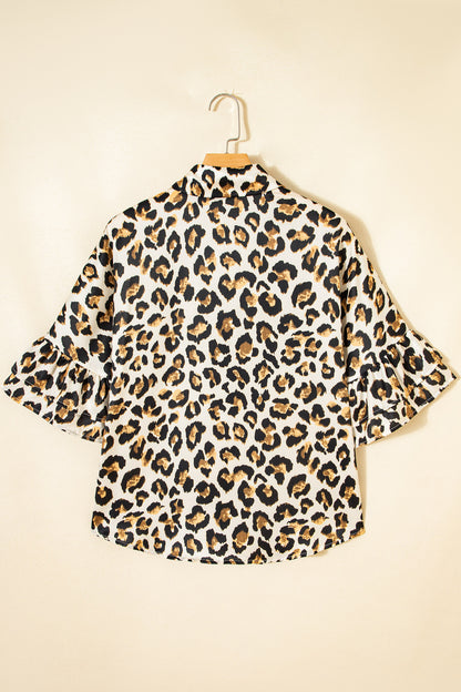 Khaki Leopard Print Ruffle Trim 3/4 Sleeve Loose Shirt