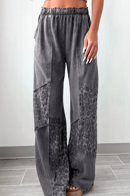 Coffee Mineral Wash Leopard Patchwork Loose Pants