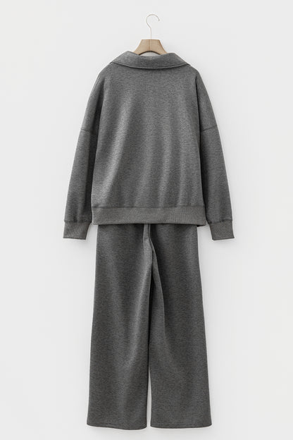 Medium Grey Collared V Neck Pullover Sweatshirt Sweatpants Set