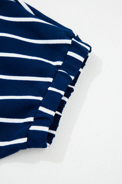 White Stripe Stand Collar V Neck Elastic Cuffs Half Sleeve Dolman Top