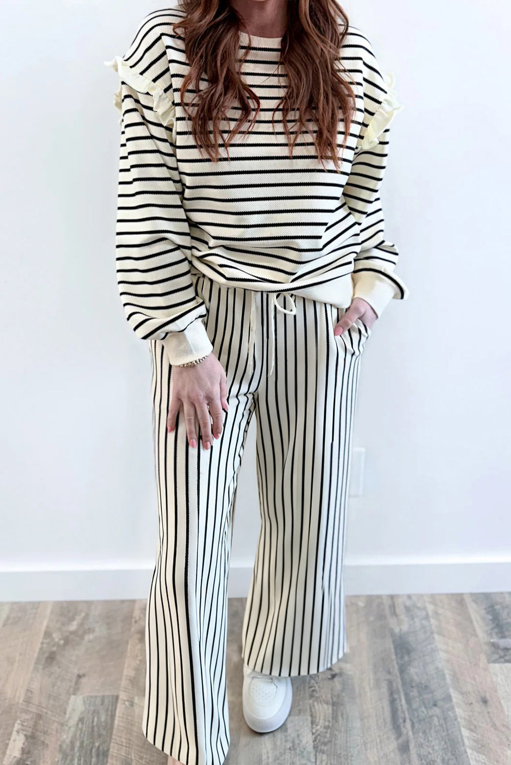 White Stripe Ruffle Trim Drop Shoulder Top Drawstring Loose Pant Set