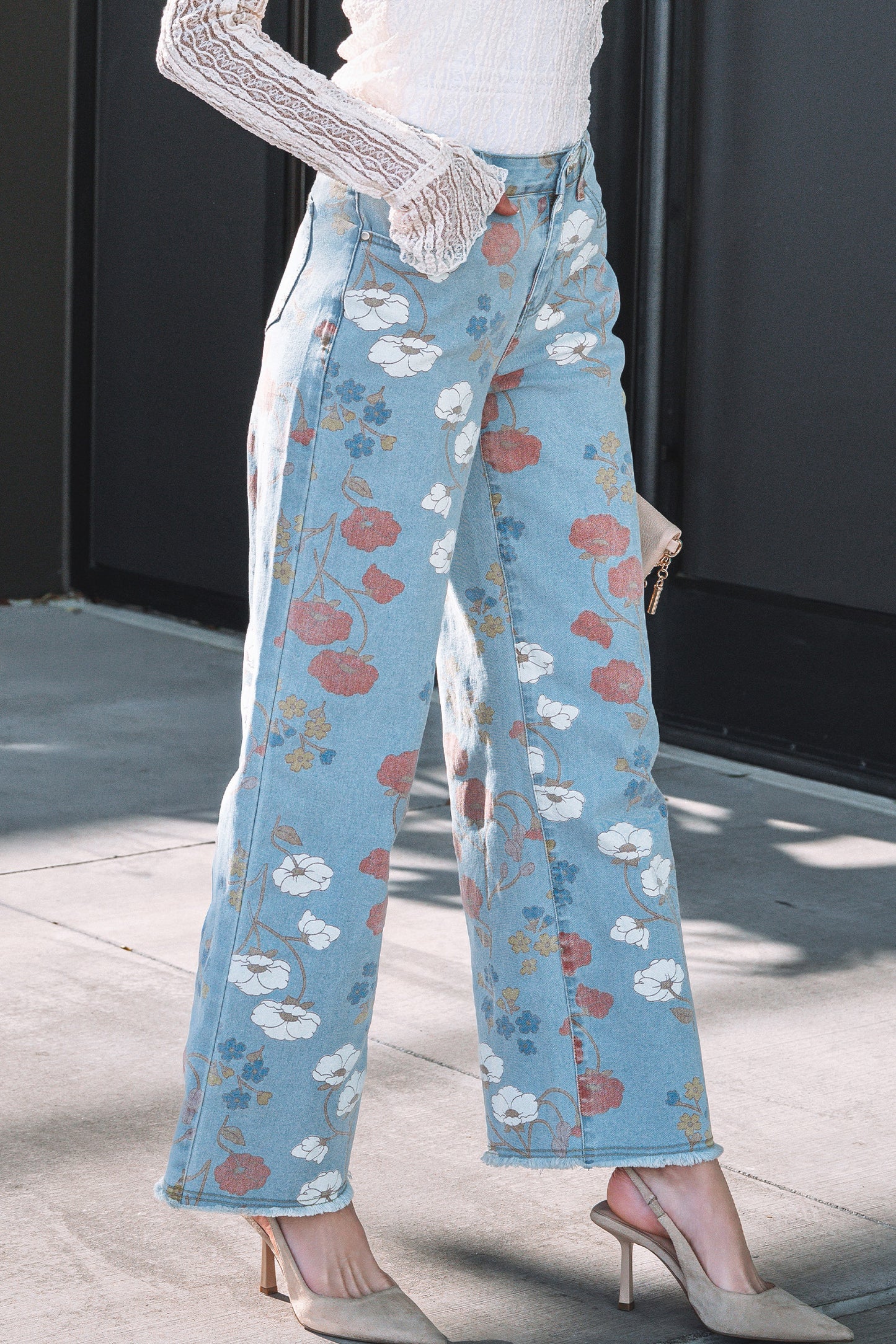 Sky Blue Floral Printed Raw Hem Shift Jeans