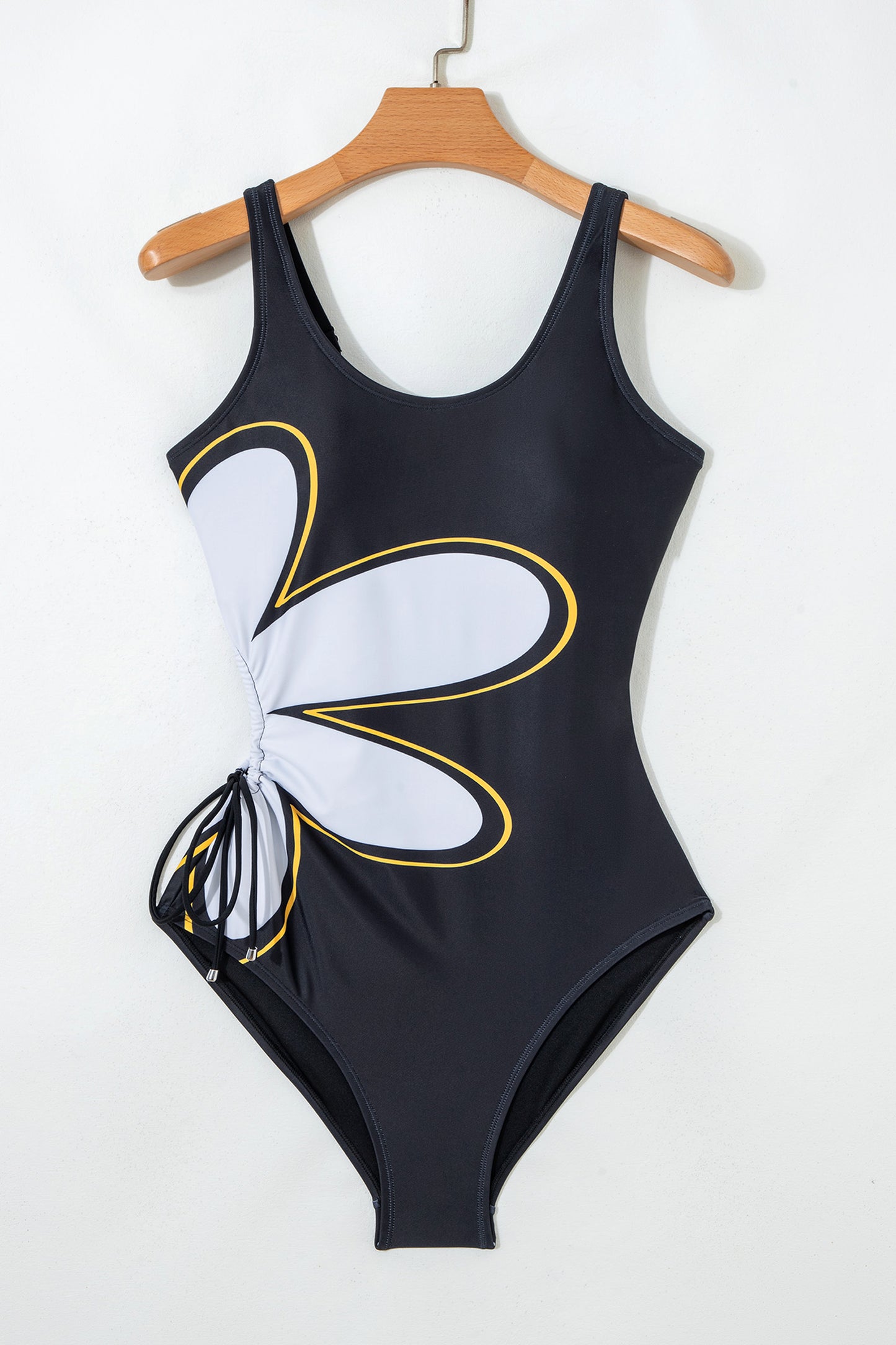 Black Drawstring Big Hole Floral Print Sleeveless One Piece Swimsuit