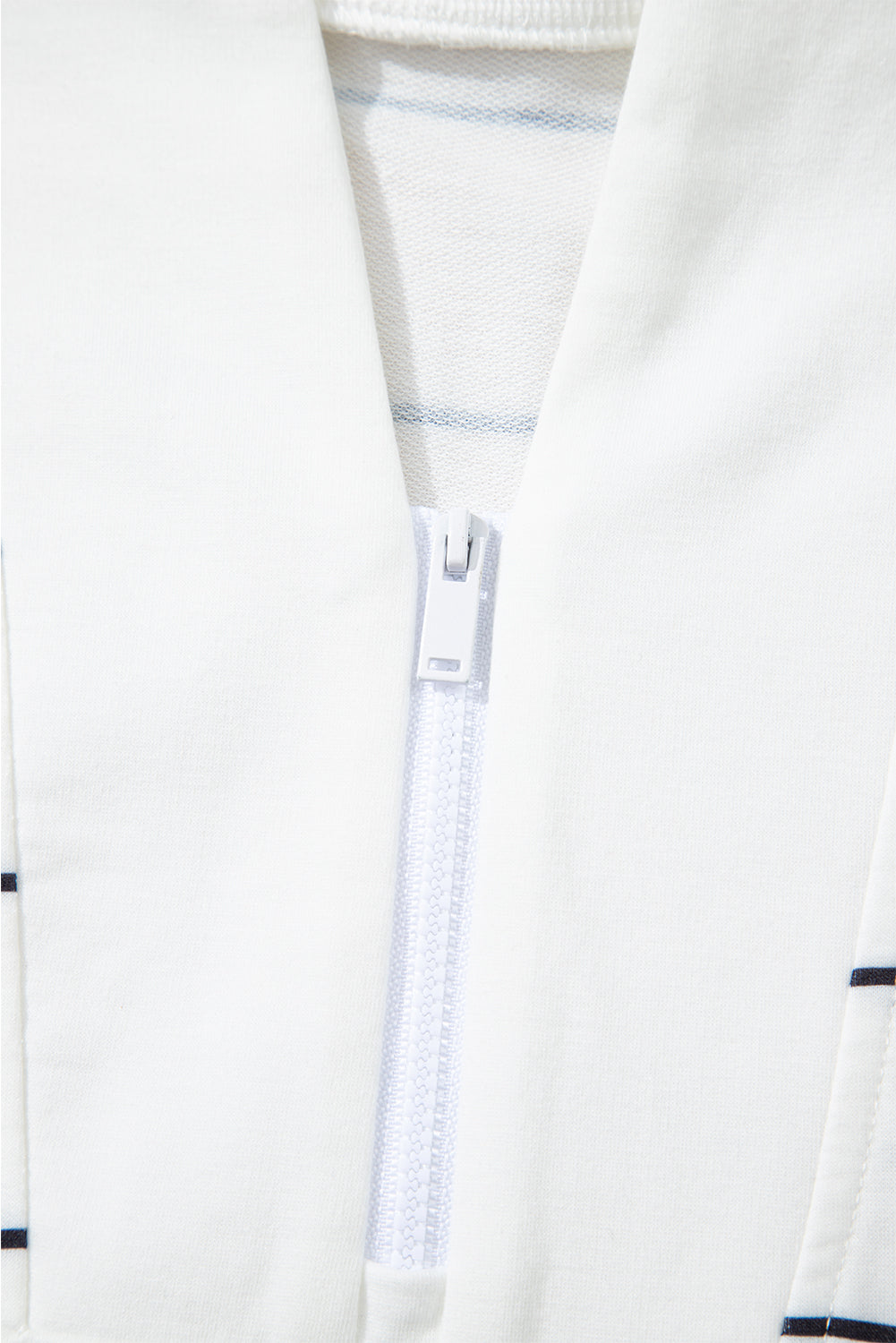 White Zip V Neck Casual Stripe Print Drop Shoulder Long Sleeve Top
