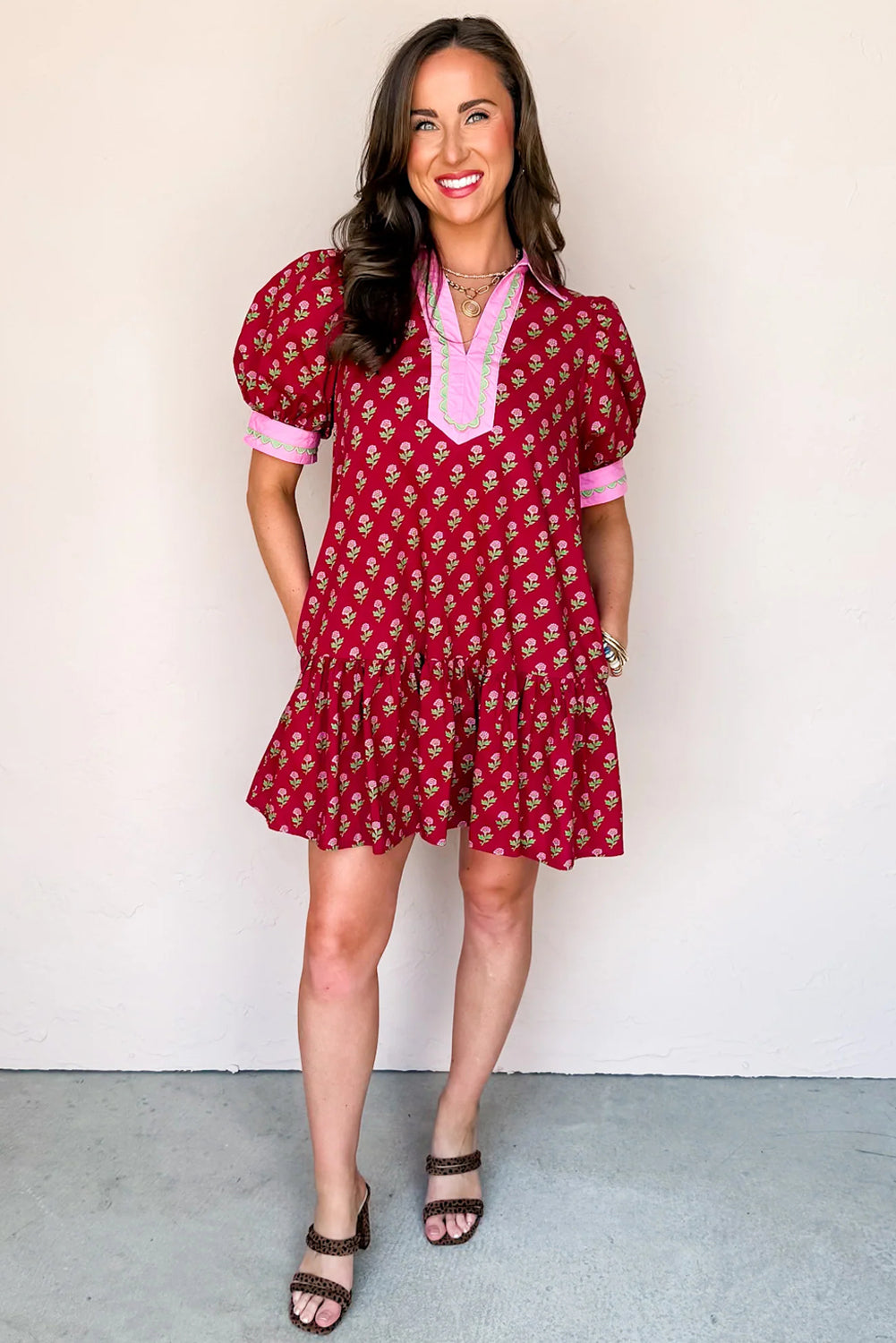 Red Floral Print Contrasted V Neck Short Bubble Sleeve Mini Dress