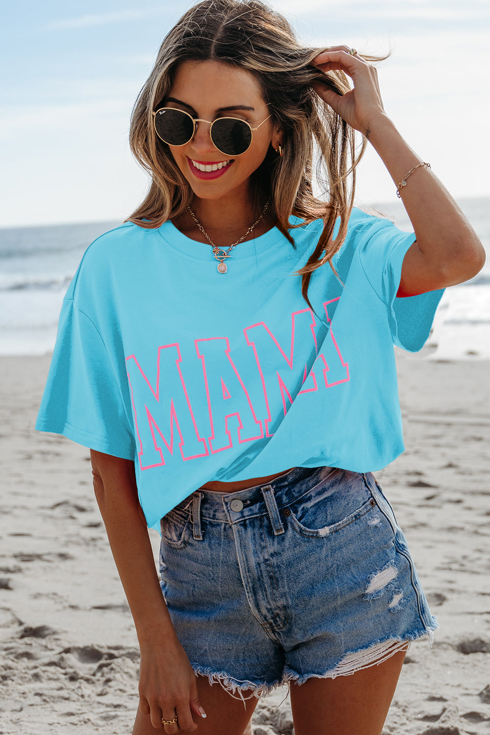 Light Blue MAMA Letter Graphic Neon T Shirt