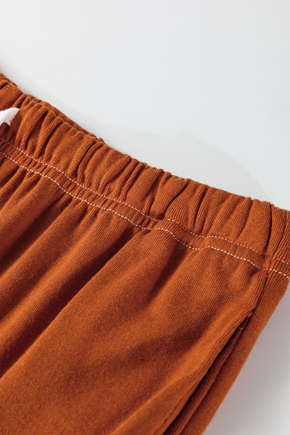 Grapefruit Orange Contrast Stitching Buttoned V Neck Half Sleeve Top and Drawstring Flare Pants Set