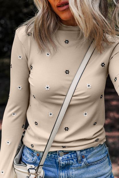 Jet Stream Floral Embroidered Detail Ribbed Long Sleeve Top