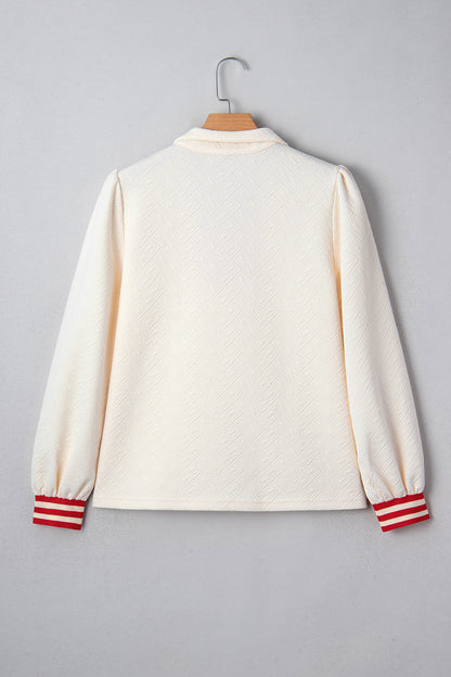 White Textured Knit Contrast Striped Accent Zipped Collar Pullover Top