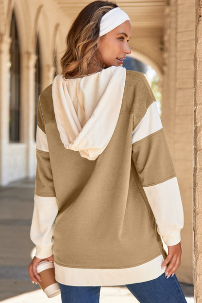 Black Waffle Contrast Knit Color Block Patchwork Button Front Oversize Hoodie