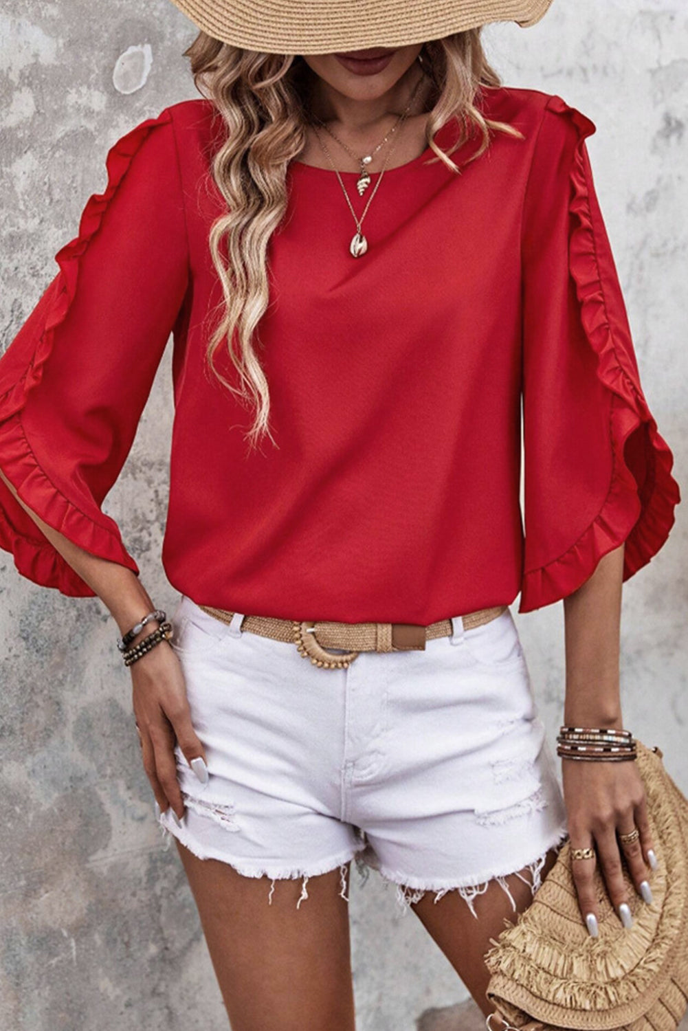 Fiery Red Ruffle Trimmed 3/4 Sleeve Round Neck Blouse