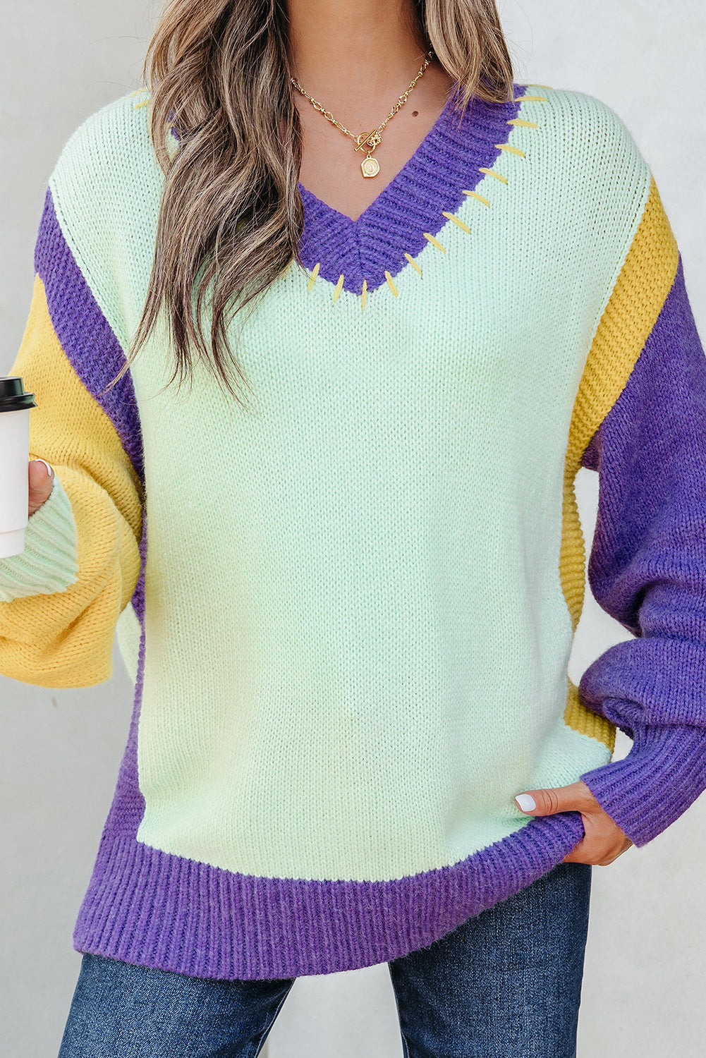 Green Stitched V Neck Color Block Knitted Drop Shoulder Sweater