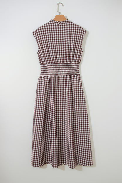 Coffee Plaid Print Full Zipper Cinched Waist Fit Flare Sleeveless Maxi Dress