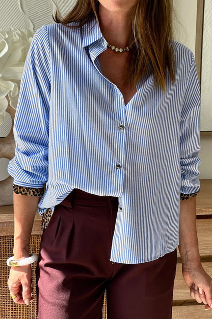 Sky Blue Stripe Contrast Frilled Leopard Trim Casual Long Sleeve Shirt