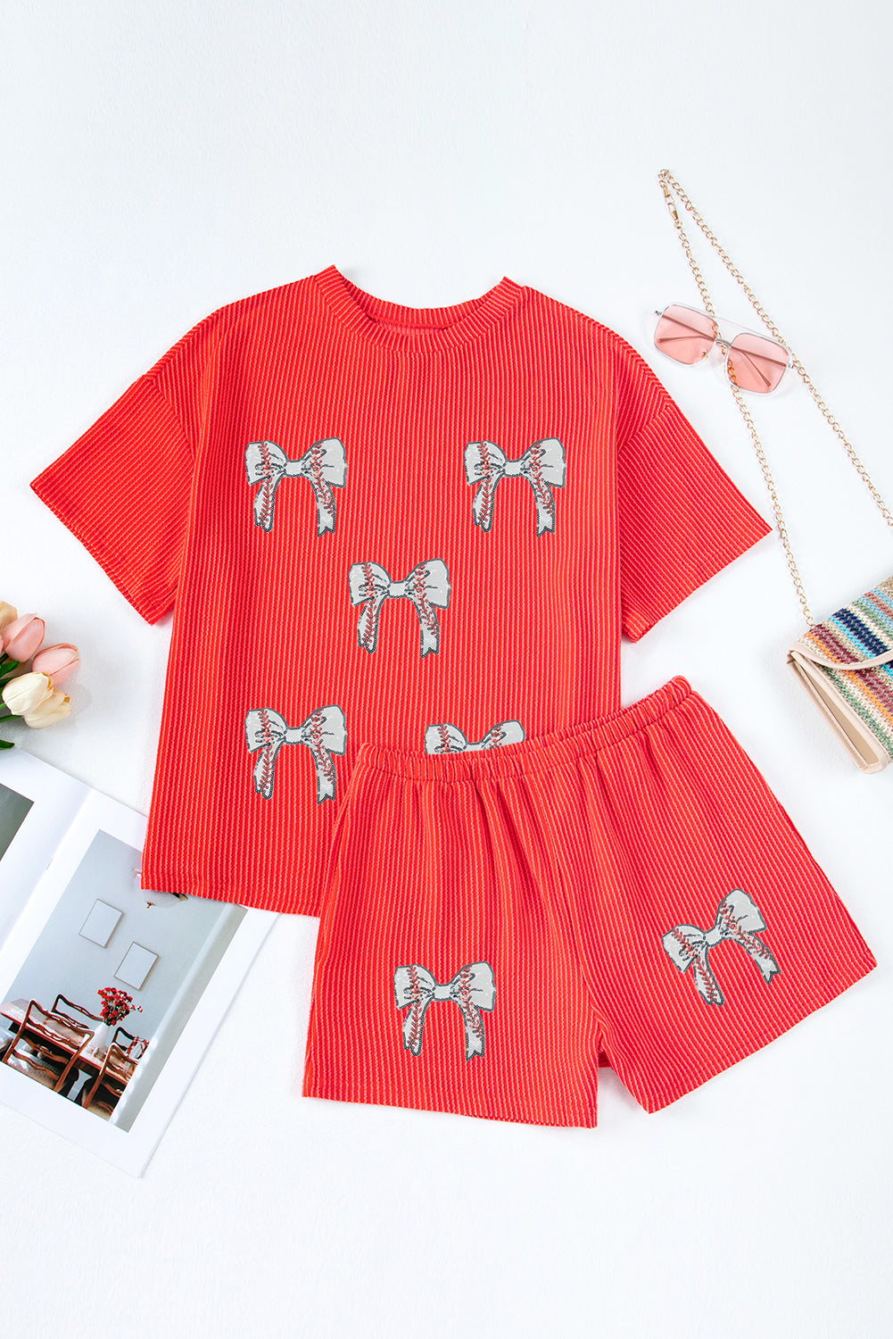 Orange Twist Ribbed Glitter Baseball Patched Short 2pcs Outfit