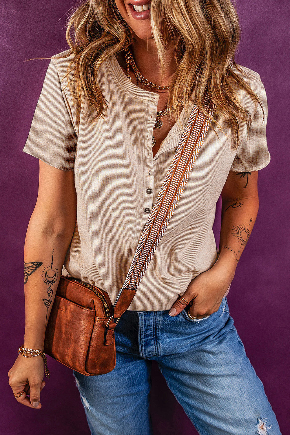 Oatmeal Short Sleeve Half Button Ribbed Knit Top