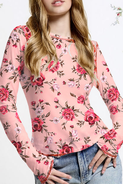 Pink Floral Print Exposed Seam Detail Mesh Long Sleeve Top