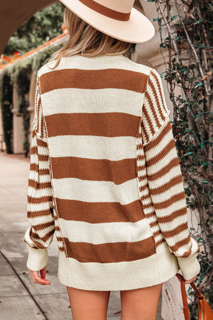 Brown Stripe Drop Shoulder Sleeve Patchwork Baggy Sweater