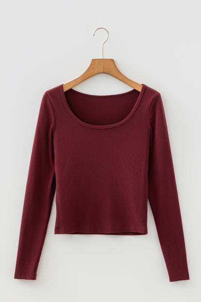 Coffee Ribbed Solid Color U Neck Cropped Long Sleeve Top