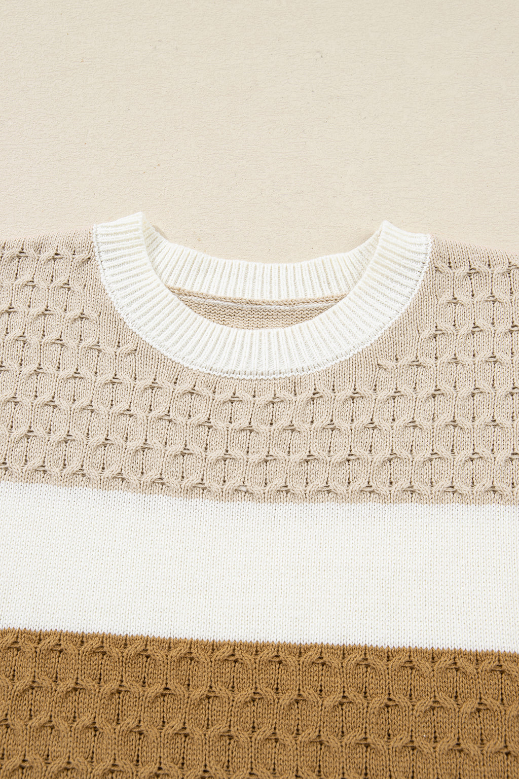 Brown Mixed Texture Knit Striped Color Block Loose Sweater