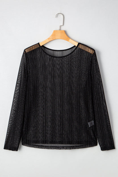Black Plus Size Shimmer Textured Mesh Fitted Long Sleeve Top