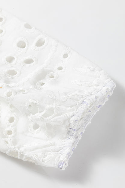 White Eyelet Embroidered Puff Sleeve Crop Shirt