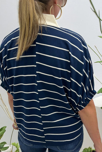 White Stripe Stand Collar V Neck Elastic Cuffs Half Sleeve Dolman Top