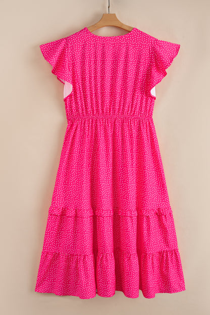 Rose Polka Dot Print Ruffled Smocked High Waist Plus Midi Dress