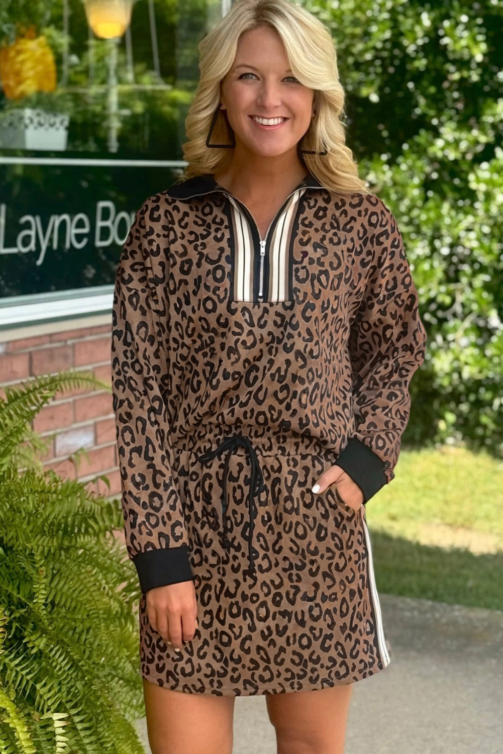Khaki Leopard Print Quarter Zip Long Sleeve Top Mini Skirt Set