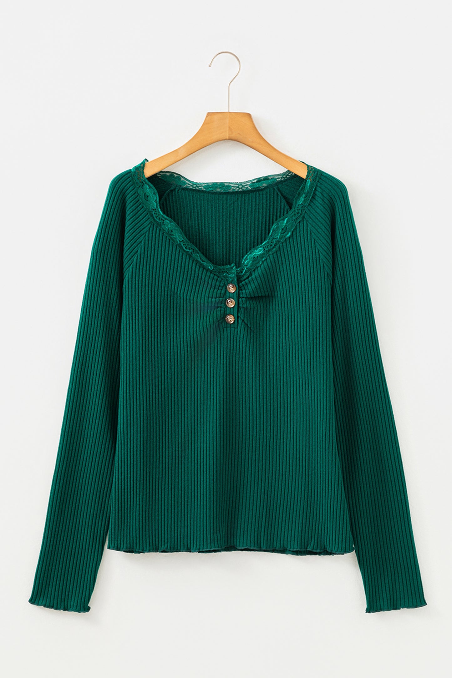 Beige Lace Neckline Button Decor Lettuce Edge Long Sleeve Ribbed Top