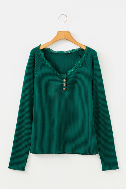 Beige Lace Neckline Button Decor Lettuce Edge Long Sleeve Ribbed Top