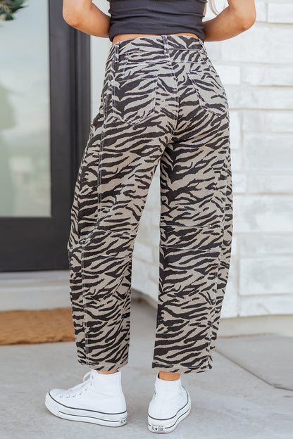 Gray Zebra Stripe Printed Wide Leg Jeans