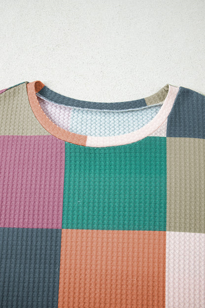 Green Checkered Print Textured Knit Long Sleeve Loose Top