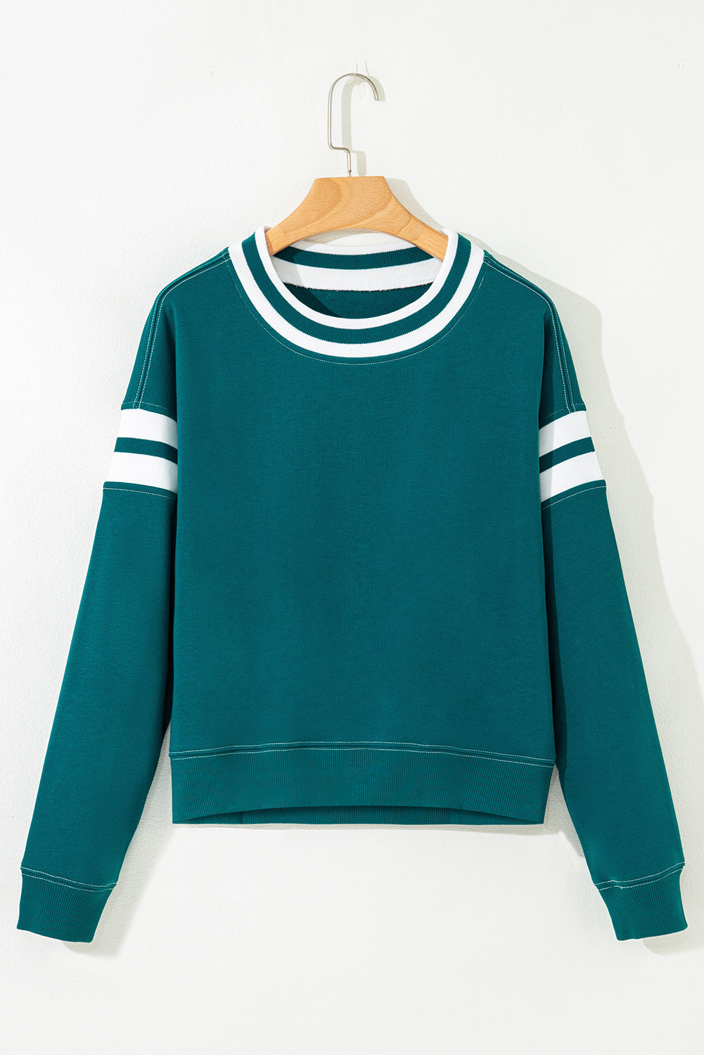 Blackish Green Contrast Striped Patchwork Round Neck Drop Shoulder Sweatshirt