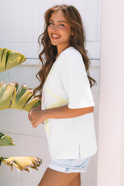 White Star Layered Patched Graphic Drop Shoulder Half Sleeve Loose Tee