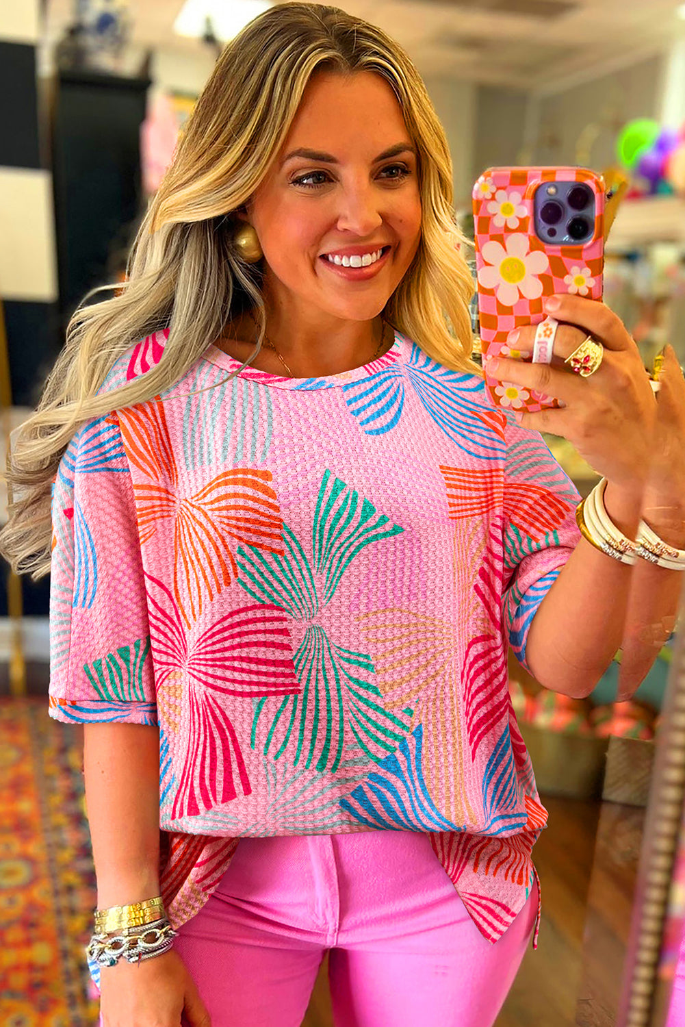 Pink Bowknot Printed Waffle Crewneck Loose Short Sleeve Top