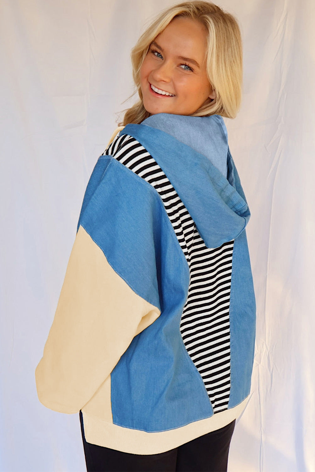 Black Stripe Denim Color Block Quarter Zip Baggy Drawstring Hoodie