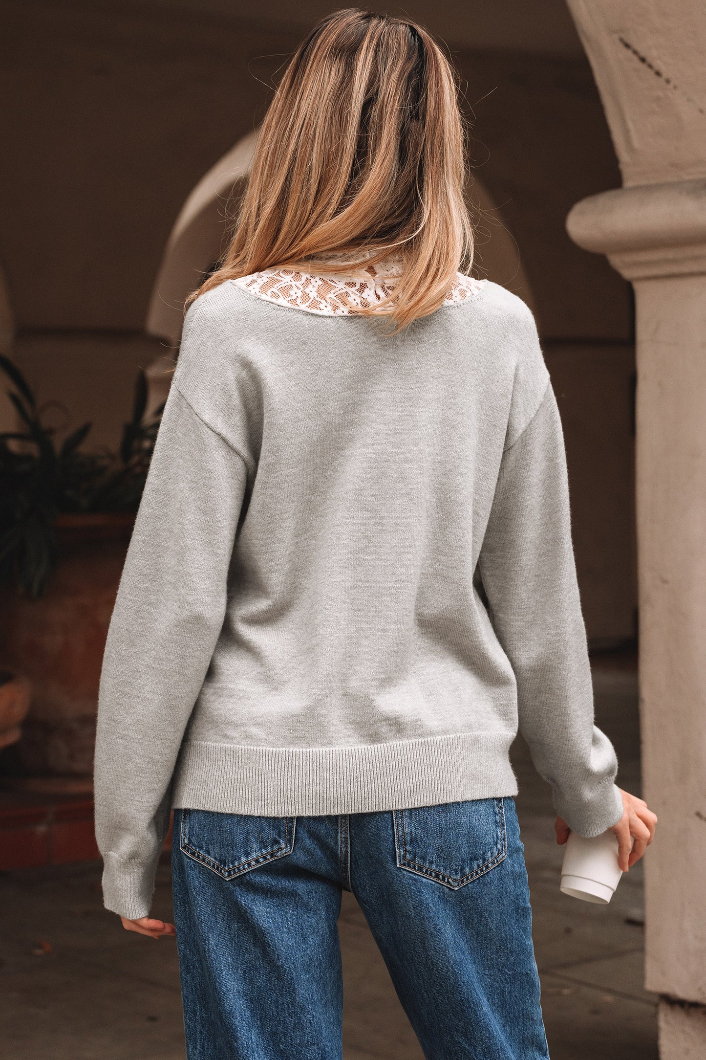 Light Grey Button Keyhole Lace Patchwork Drop Shoulder Sweater
