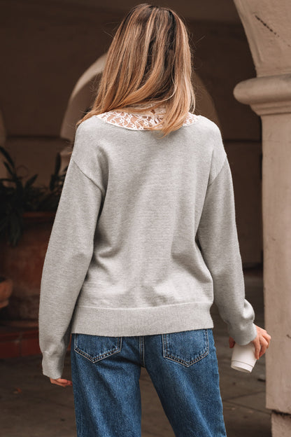 Light Grey Button Keyhole Lace Patchwork Drop Shoulder Sweater