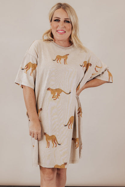 Apricot Plus Size Cheetah Print Side Pockets T Shirt Mini Dress