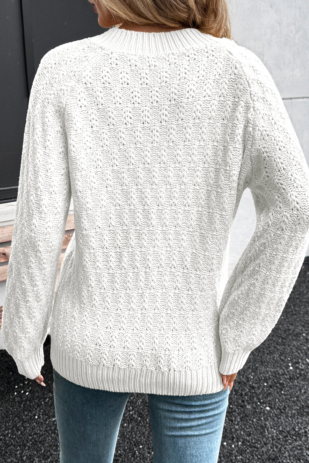 White Textured Knit Ribbed Edge V Neck Loose Sweater