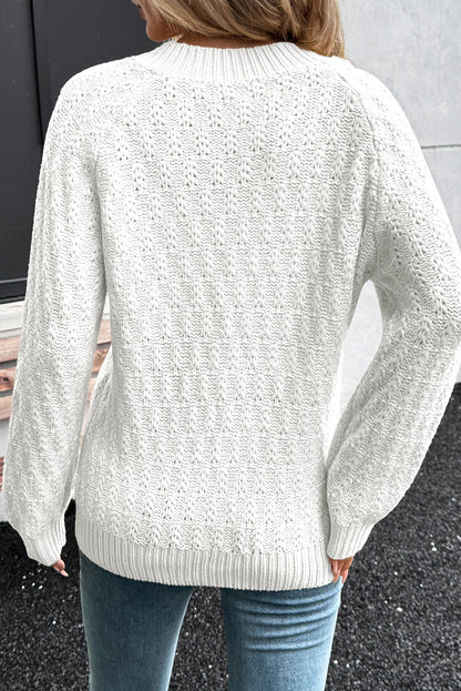 White Textured Knit Ribbed Edge V Neck Loose Sweater