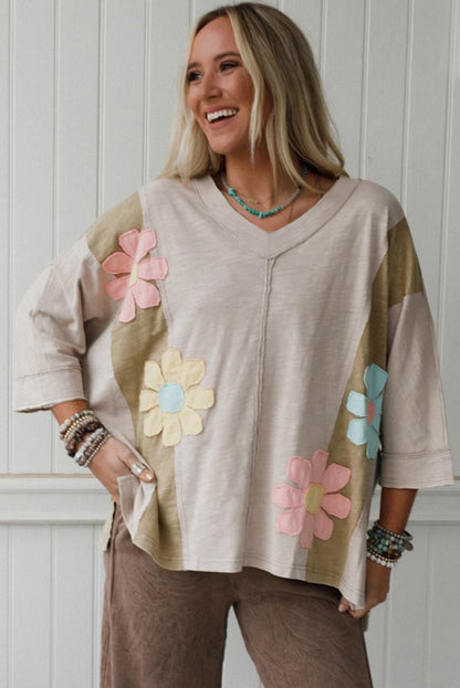Light Blue Flower Patched Exposed Seam Bracelet Sleeve Oversized T Shirt