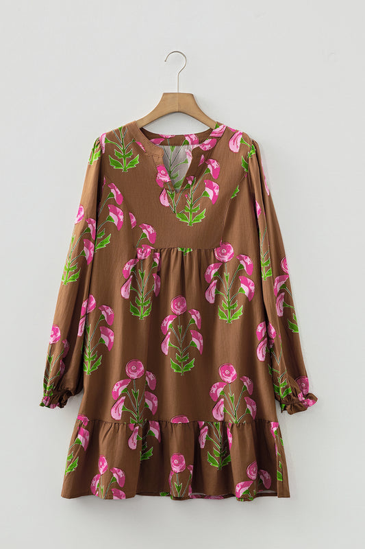 Brown Contrast Floral Print Babydoll Tunic Ruffled Hem Puff Sleeve Dress