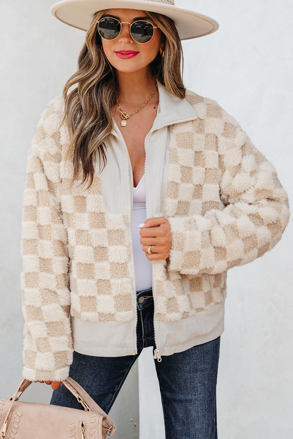 Khaki Checker Sherpa Corduroy Patchwork Zip up Collared Jacket