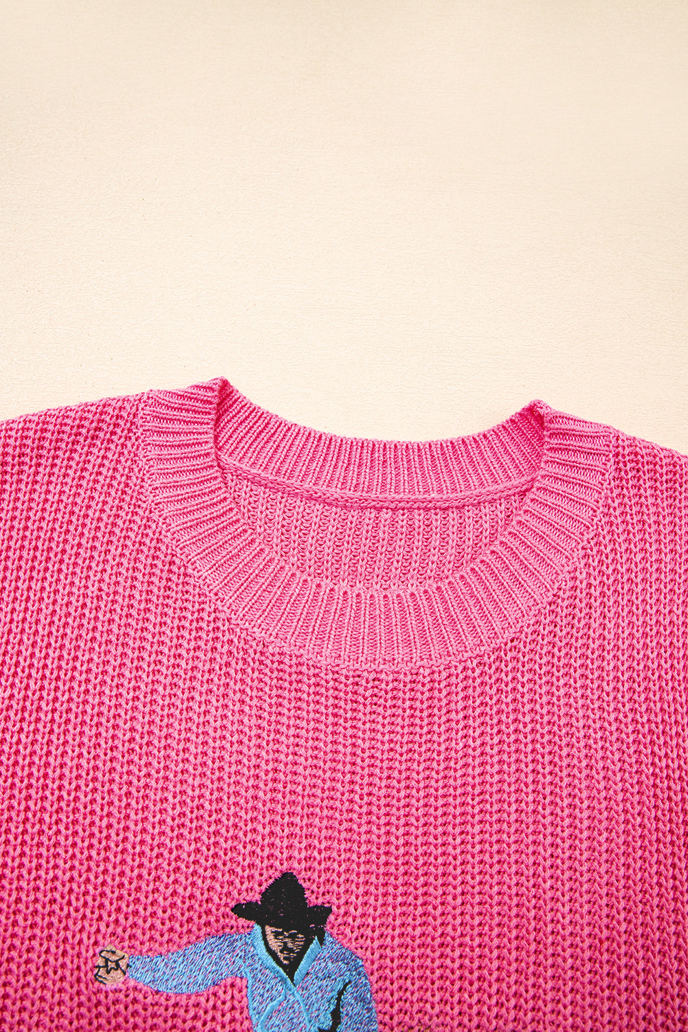 Bright Pink Western Cowboy Embroidery Round Neck Sleeveless Sweater