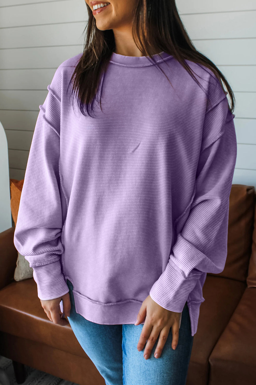 Lavendula Horizontal Ribbed Exposed Seam Detail Drop Shoulder Baggy Pullover