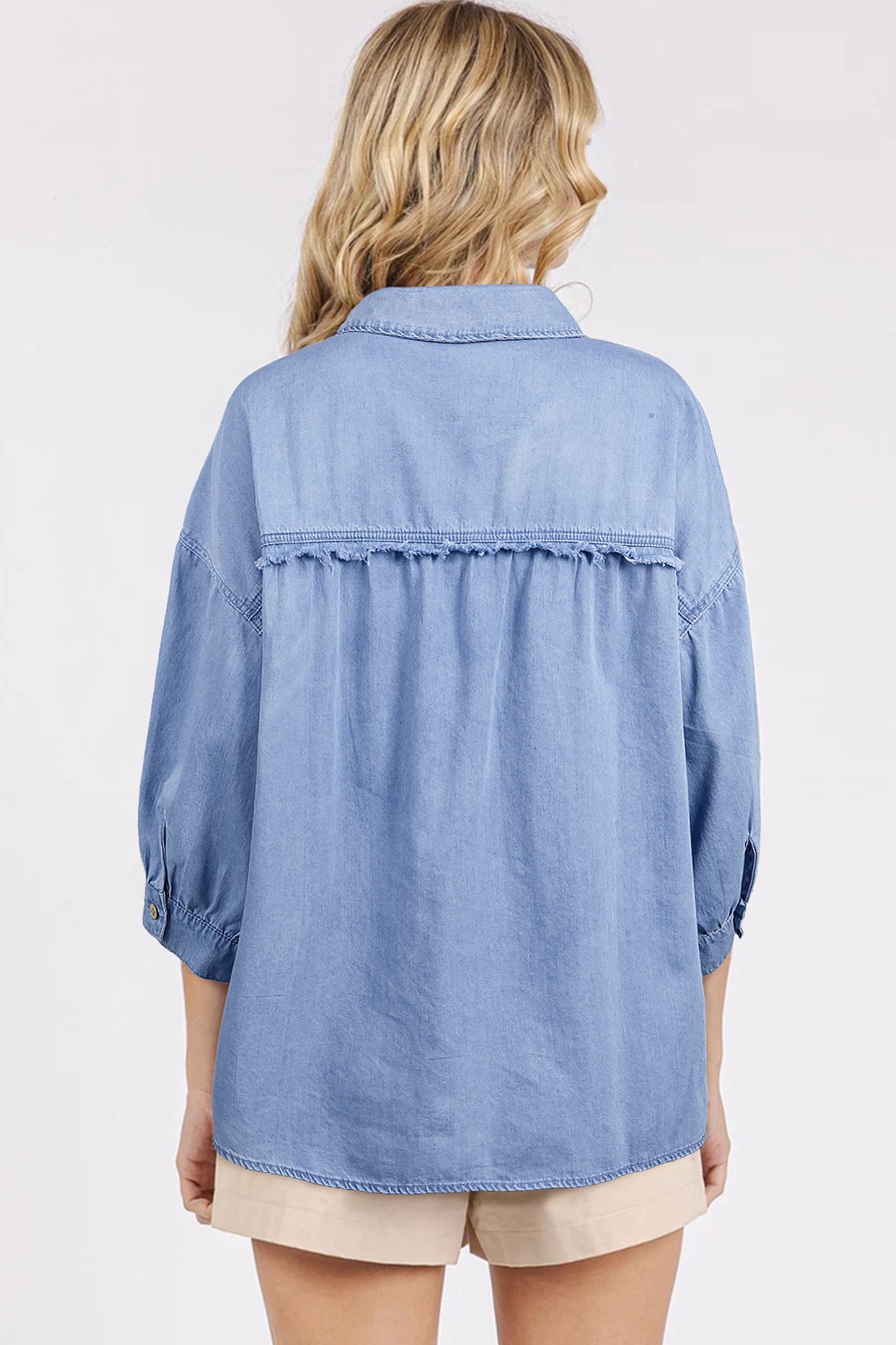 Myosotis Washed Drop Shoulder Bracelet Sleeve Chambray Shirt