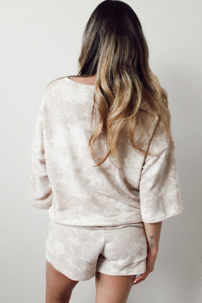 Beige Vintage Tie Dye Bracelet Sleeve Drawstring Elastic Waist 2pcs Short Set