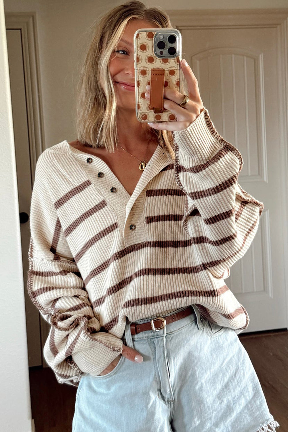 Brown Stripe Ribbed Henley Drop Shoulder Slouchy Sweater